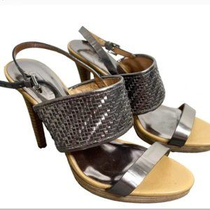 Coach Steffi Platform Stiletto Heel Silver Metallic Woven Leather Heeled Sandals